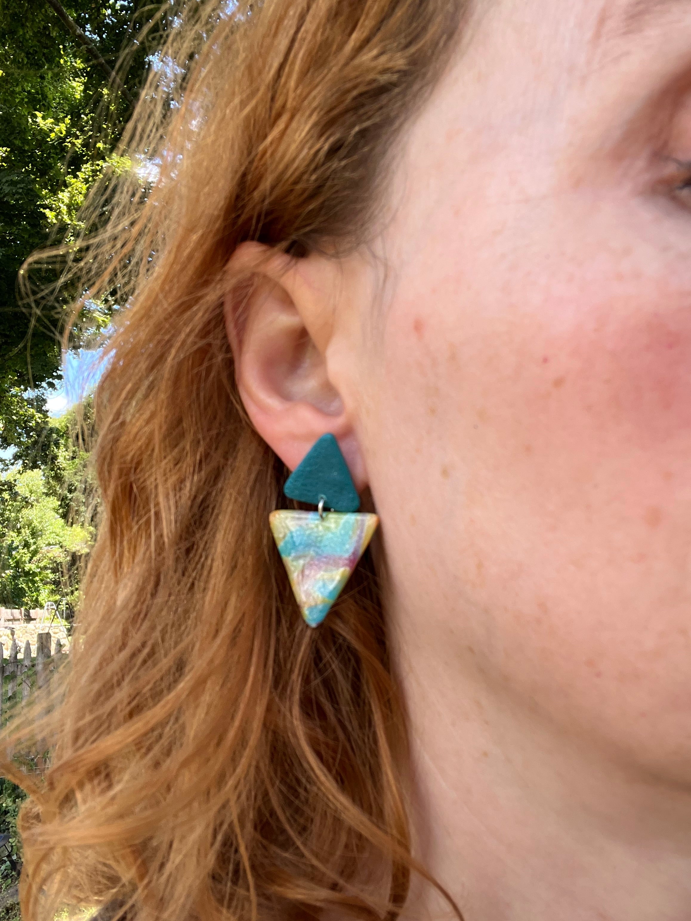 Teal & Rainbow Triangle Stud Dangle Earrings