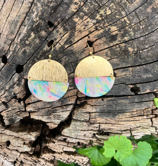 Matte Rainbow & Brass Semi-Circle Dangles