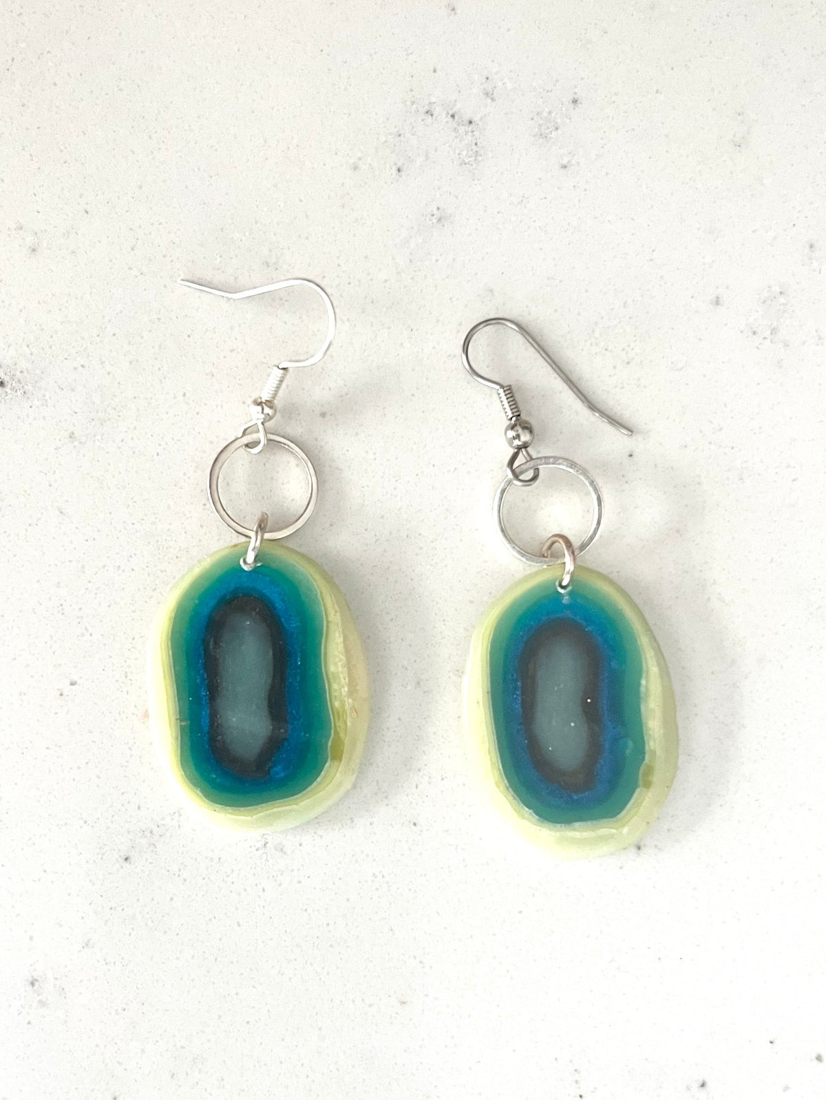 Blue Faux Agate and Stainless Steel Circle Dangles