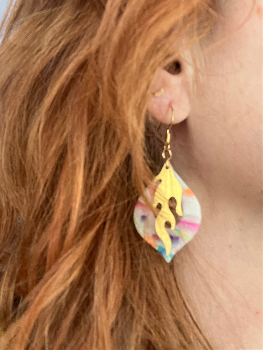 Rainbow flame dangle earrings, handmade polymer clay — Hammer & Thread