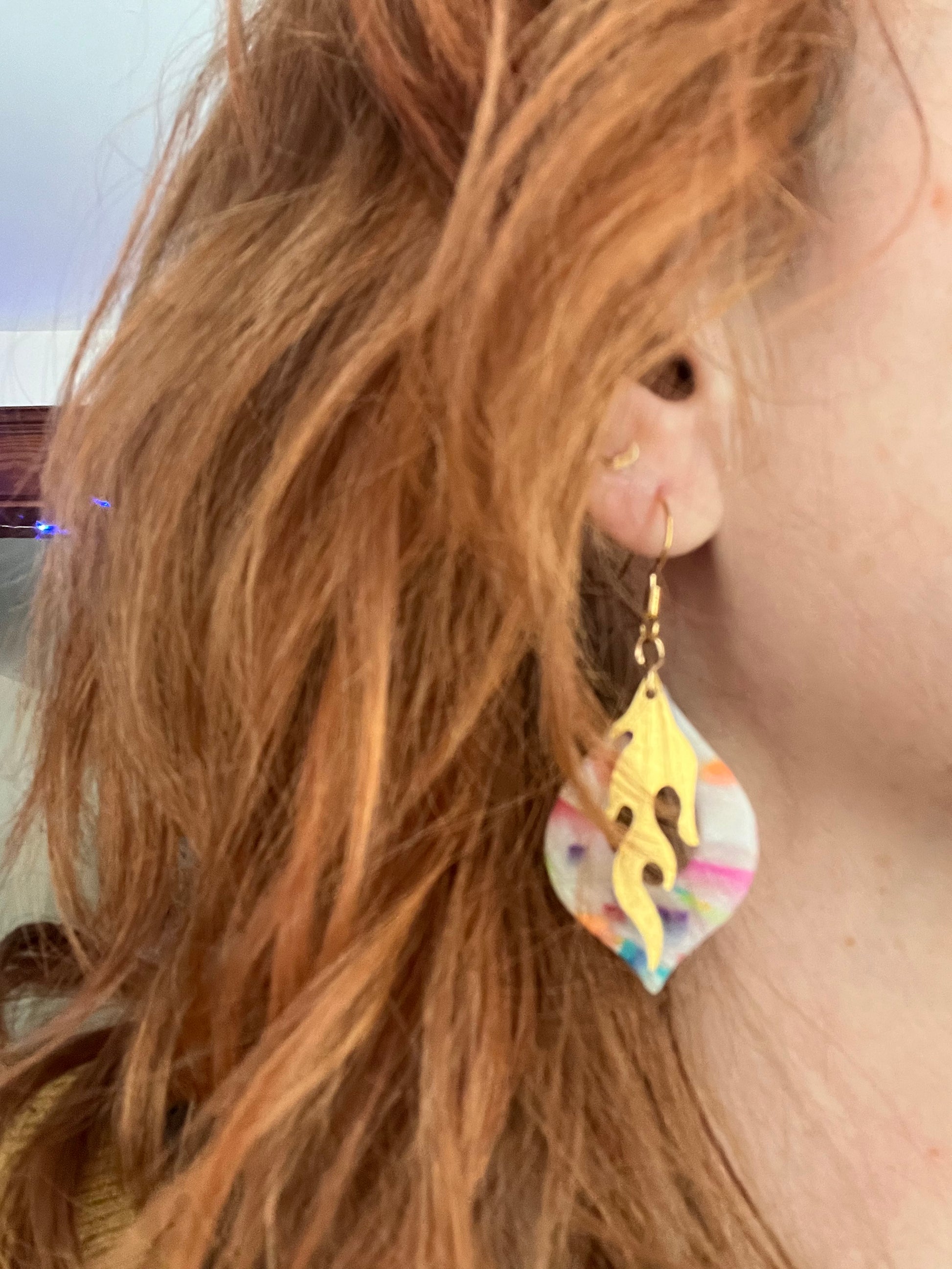 Rainbow flame dangle earrings, handmade polymer clay — Hammer & Thread