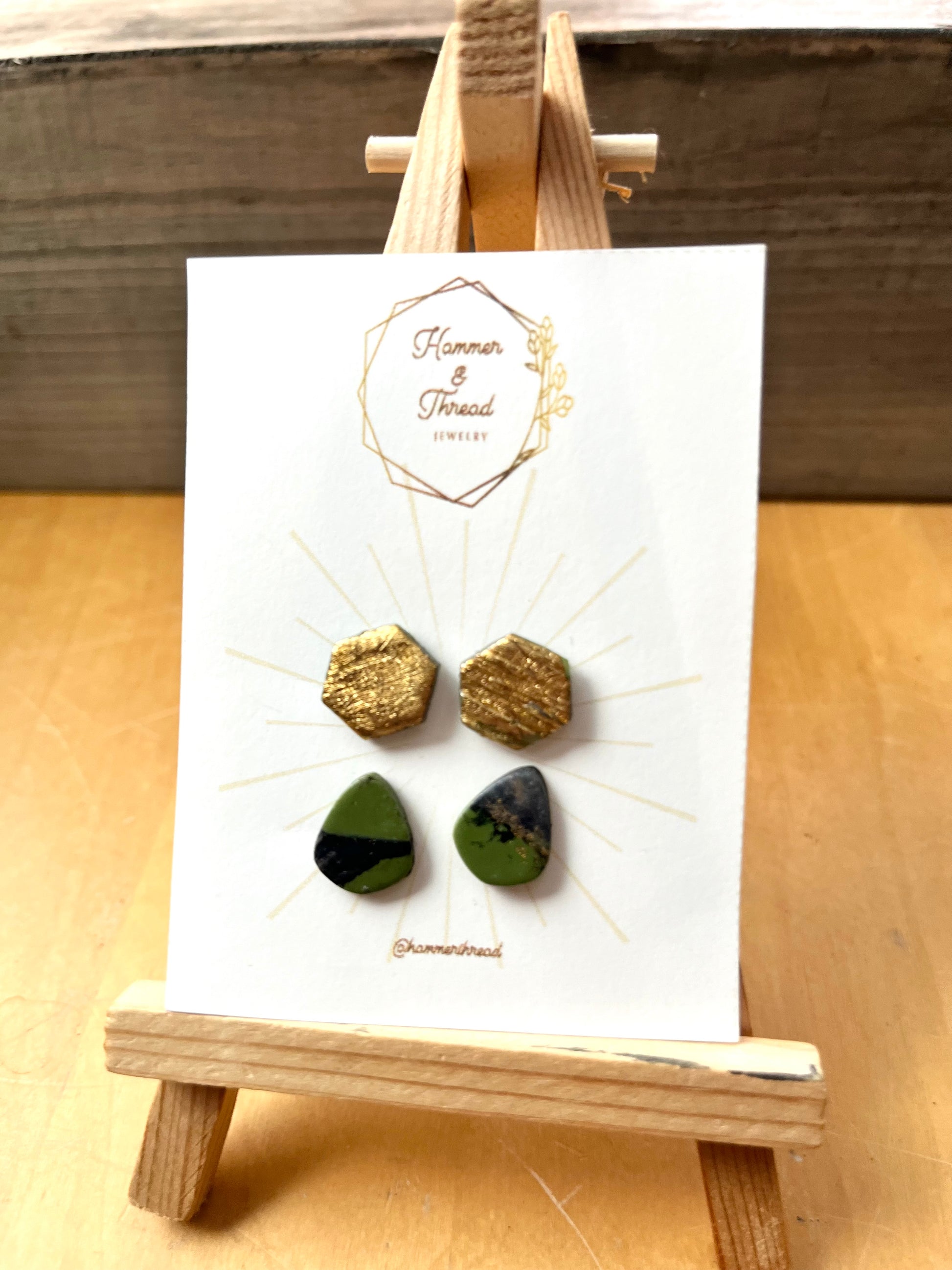 Gold textured hexagon and green marble teardrop stud earring pack, handmade polymer clay — Hammer & Thread