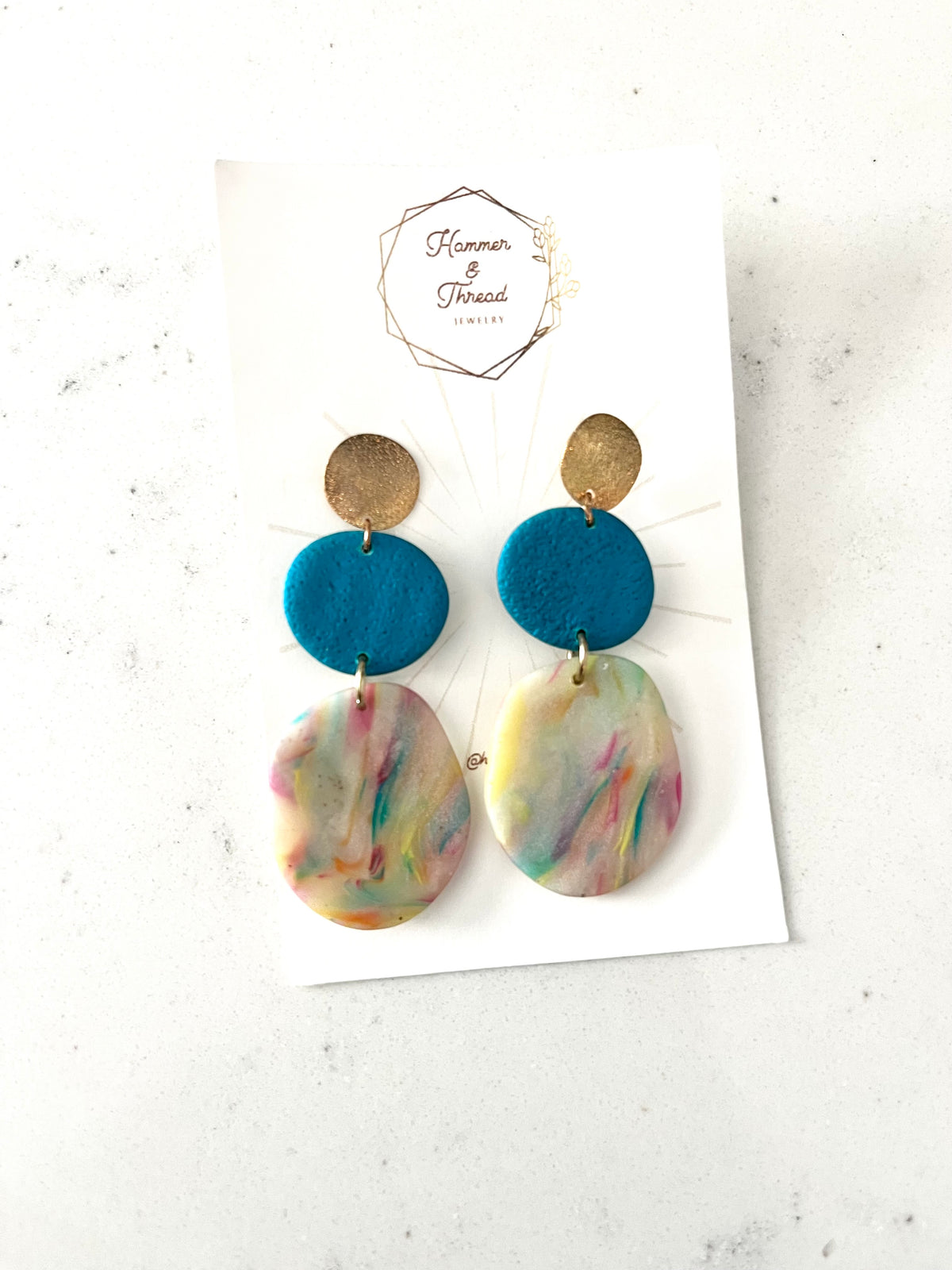 Tiered Teal and Matte Rainbow Pebbles Dangle Earrings