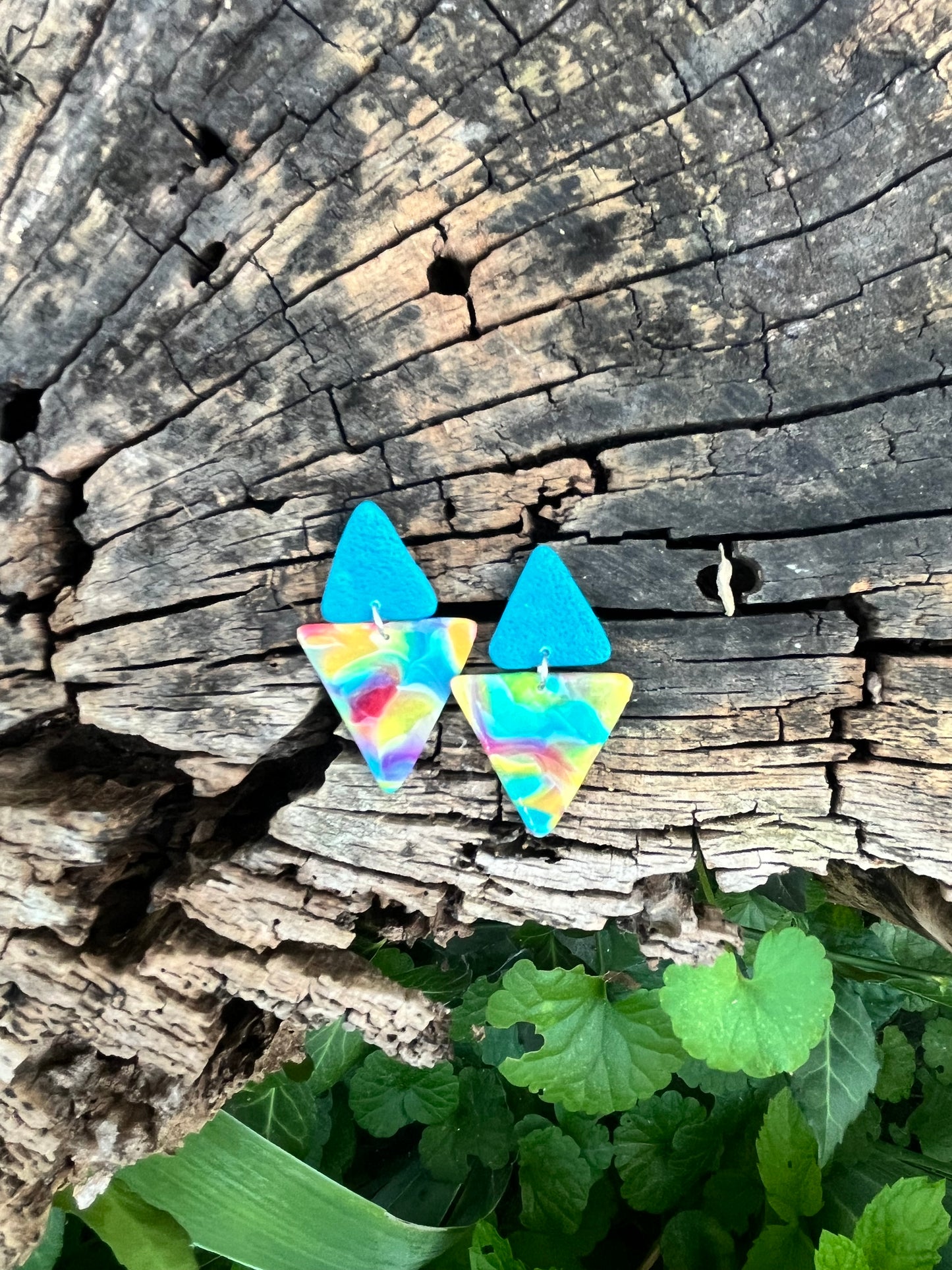 Teal & Rainbow Triangle Stud Dangle Earrings
