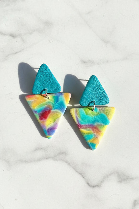Teal & Rainbow Triangle Stud Dangle Earrings