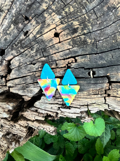 Teal & Rainbow Triangle Stud Dangle Earrings