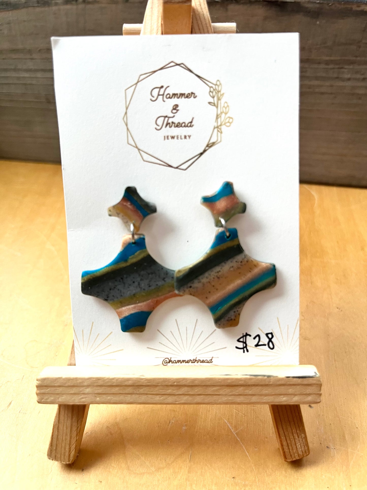 Striped plus sign dangle earrings, handmade polymer clay — Hammer & Thread