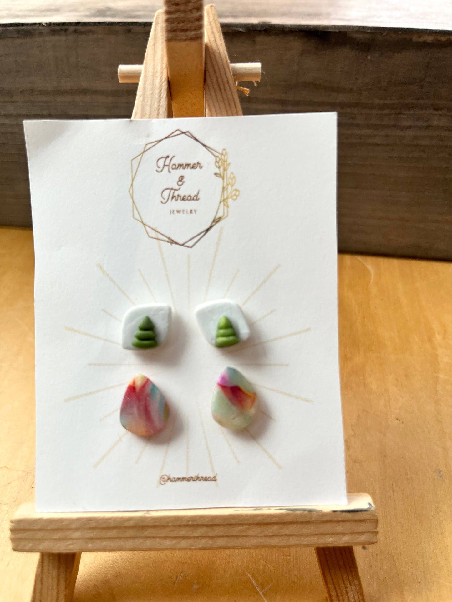 Tiny tree and rainbow teardrop stud earring pack, handmade polymer clay — Hammer & Thread