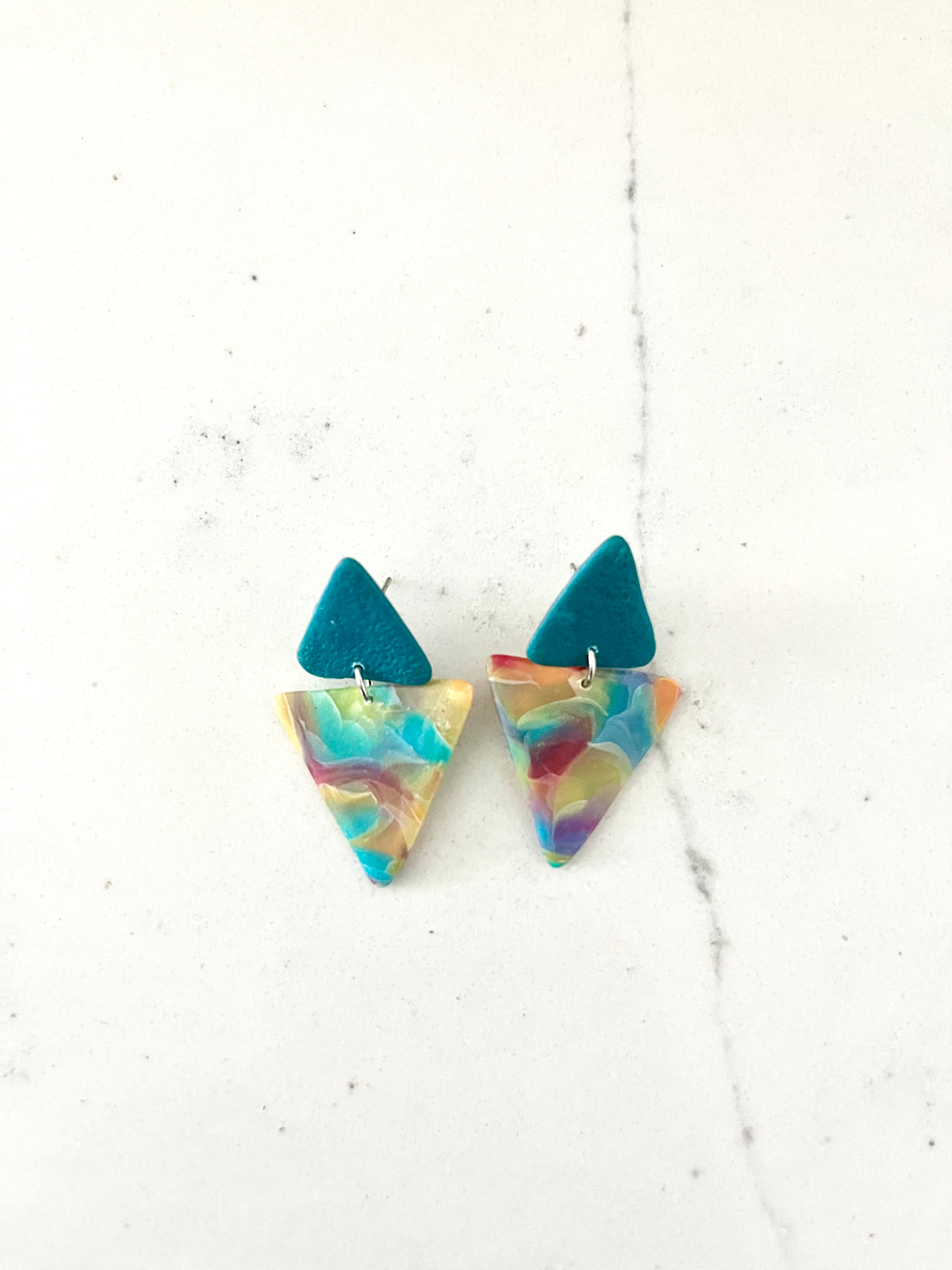 Teal & Rainbow Triangle Stud Dangle Earrings