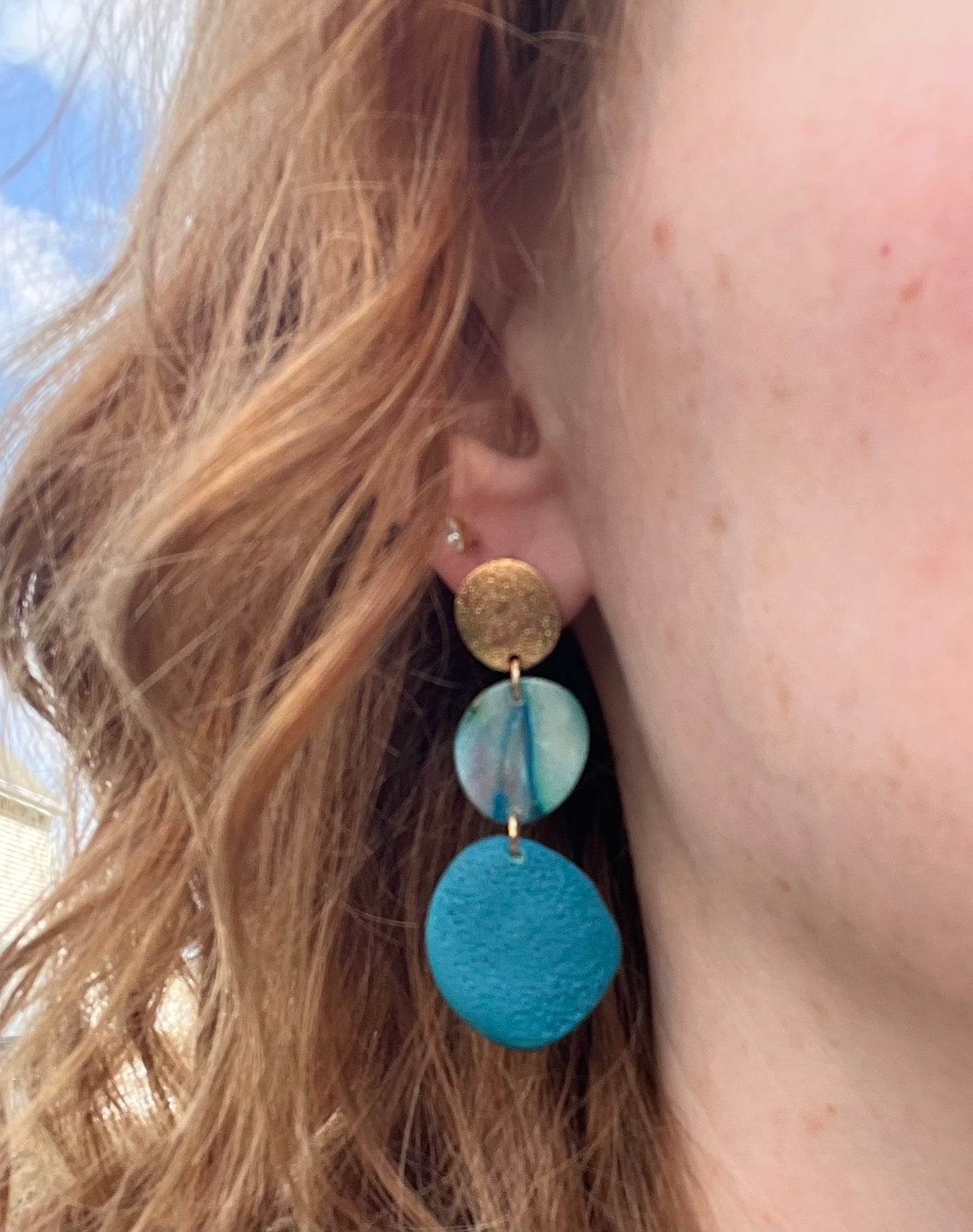 Teal, Gold & Watercolor Pebble Tiered Dangle Earrings