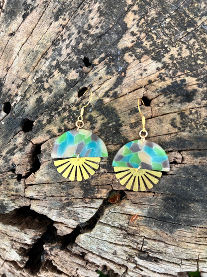 Aqua Mosaic Semi Circle Sunburst Dangle Earrings