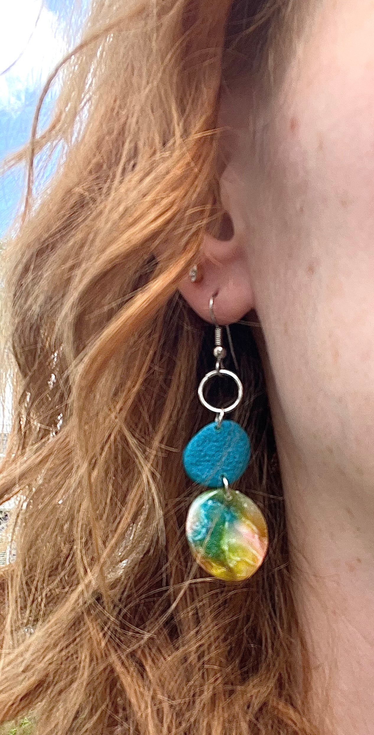 Teal & Watercolor Tiered Circle Dangle Earrings