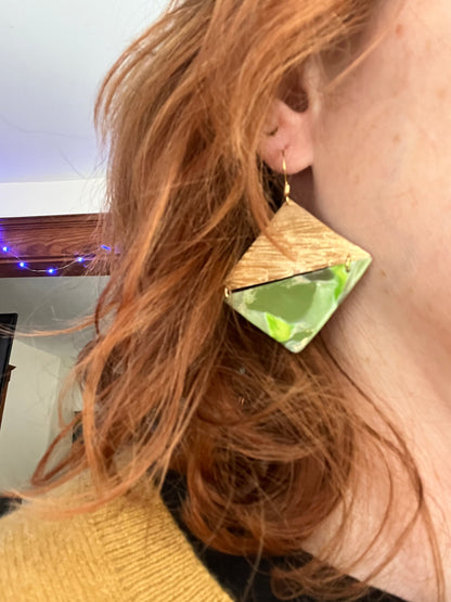 Bright green marble and brass triangle dangle earrings, handmade polymer clay — Hammer & Thread