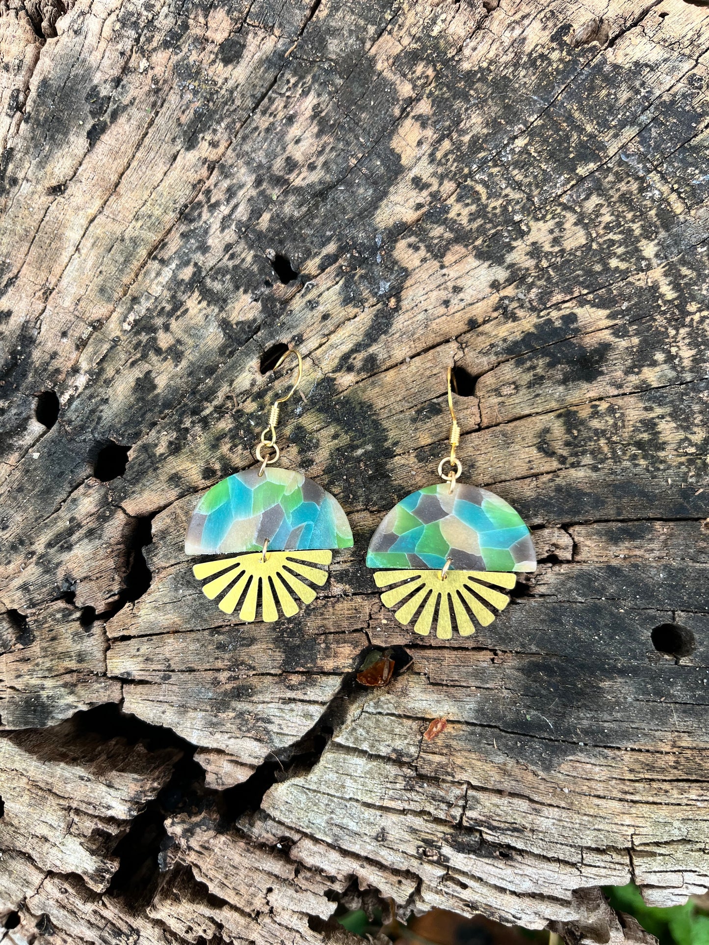 Aqua Mosaic Semi Circle Sunburst Dangle Earrings