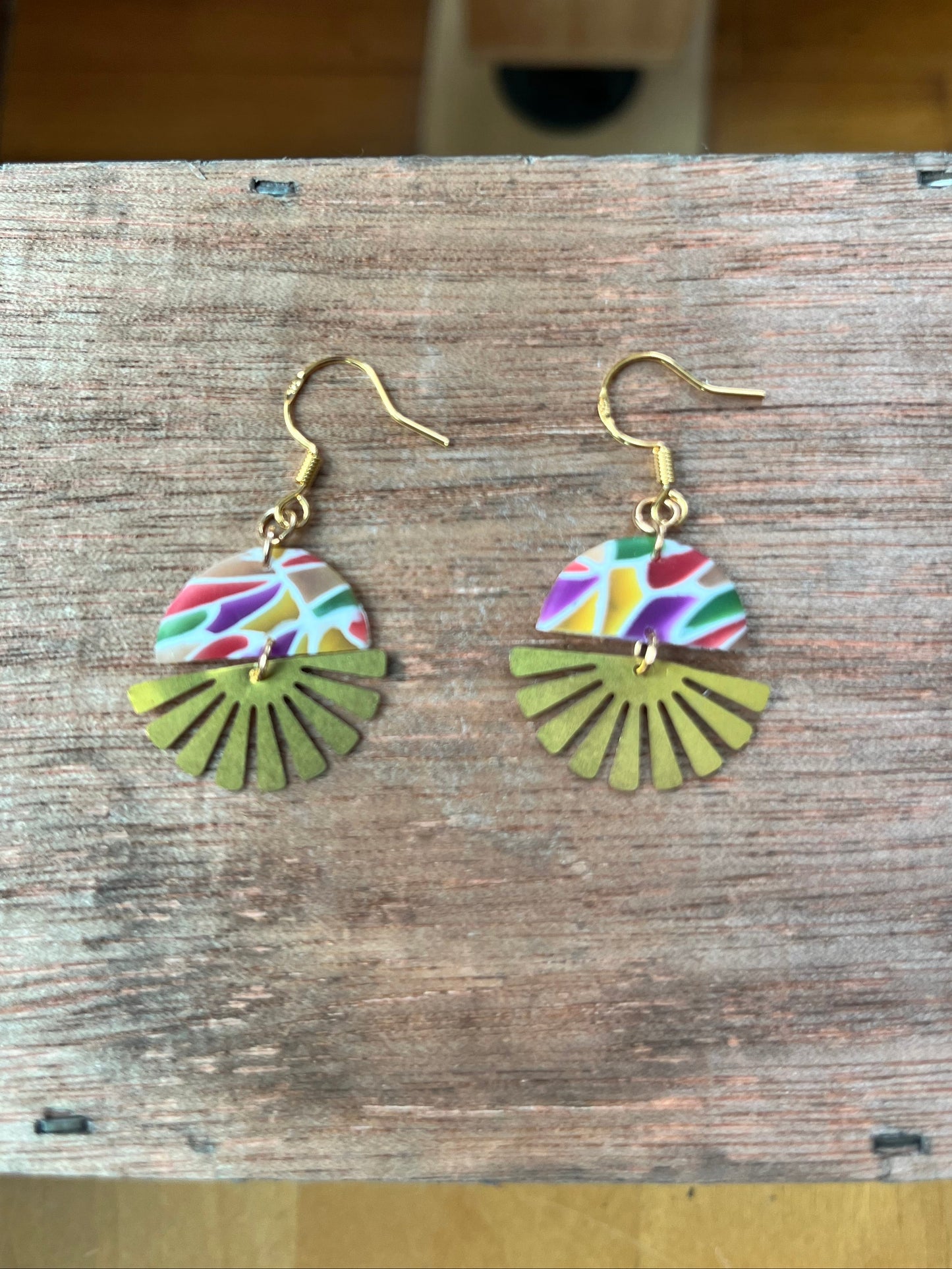 Stained glass mini sunburst dangle earrings, handmade polymer clay — Hammer & Thread