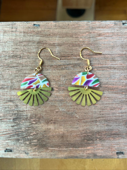 Stained glass mini sunburst dangle earrings, handmade polymer clay — Hammer & Thread