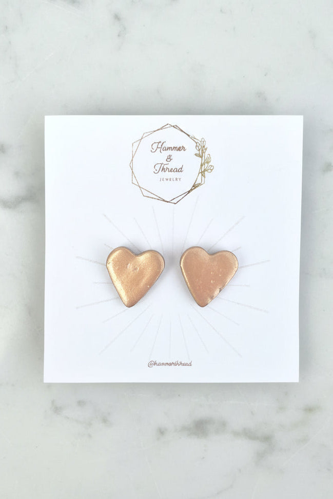 rosy golden heart stud earrings, handmade polymer clay — Hammer & Thread