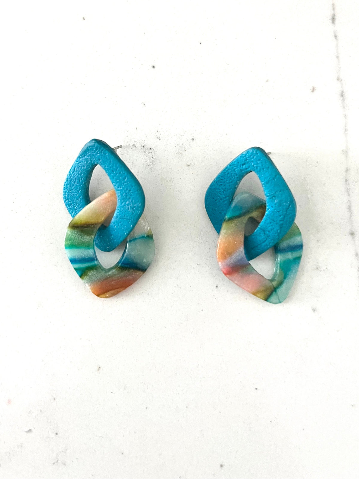 Watercolor & Teal Link Stud Dangle Earrings