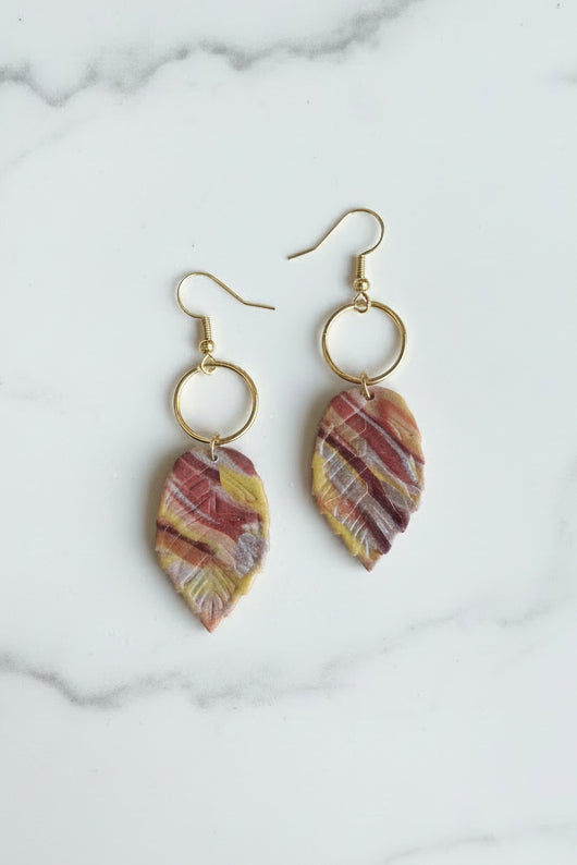 Metallic mocha leaf dangle earrings, handmade polymer clay — Hammer & Thread