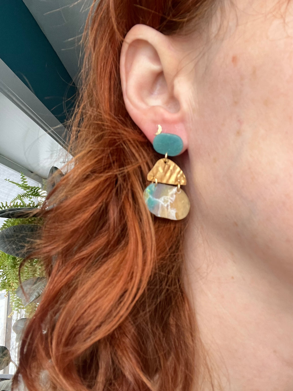 Tiered faux stone brass dangle earrings, handmade polymer clay — Hammer & Thread