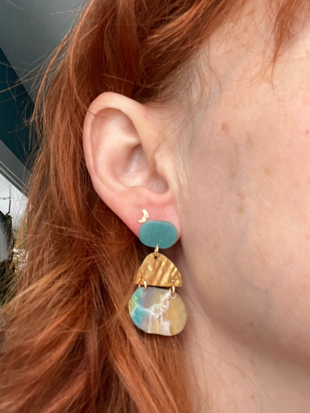 Tiered faux stone brass dangle earrings, handmade polymer clay — Hammer & Thread