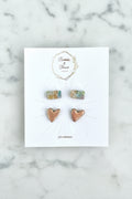 Faux Stone Bar & Rosy Golden Hearts Stud earrings Pack, handmade polymer clay — Hammer & Thread
