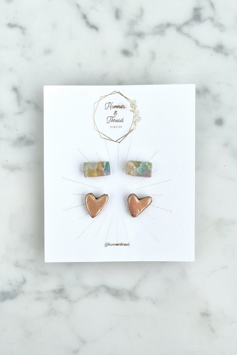 Faux Stone Bar & Rosy Golden Hearts Stud earrings Pack, handmade polymer clay — Hammer & Thread