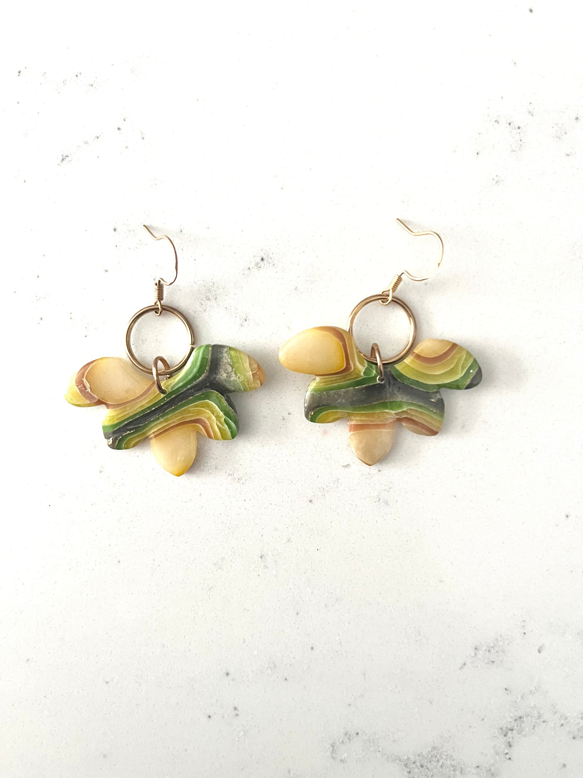 Green Faux Agate Wing and Brass Circle Dangle Earrings