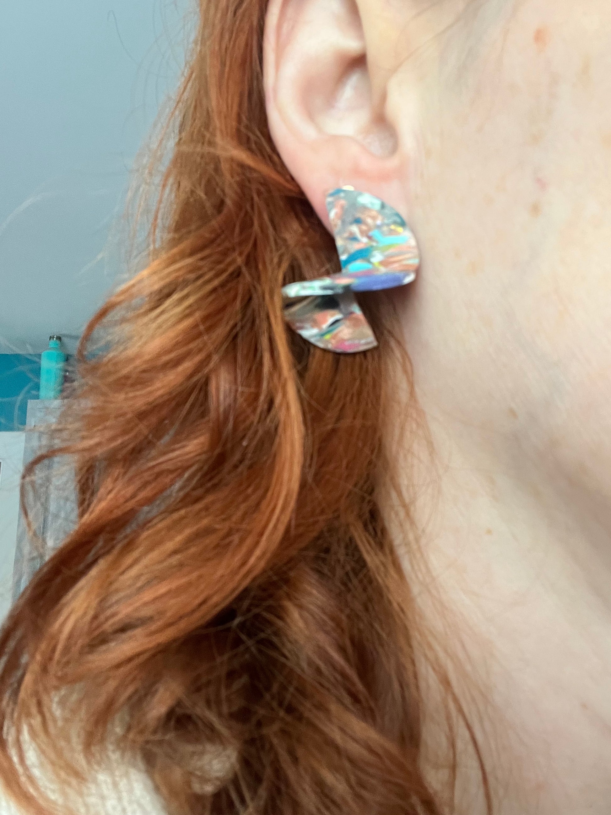 Big ripple technicolor dangle earrings, handmade polymer clay — Hammer & Thread