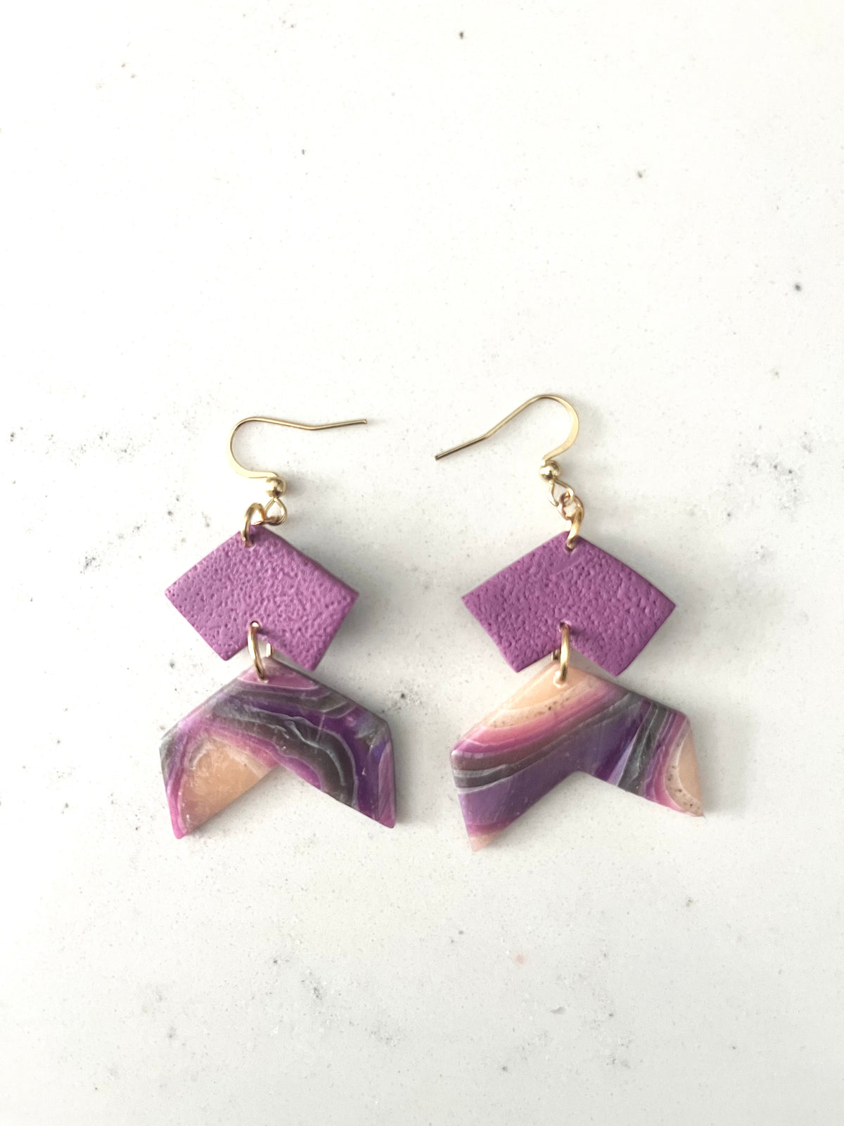 Faux Purple Agate Chevron Dangle Earrings
