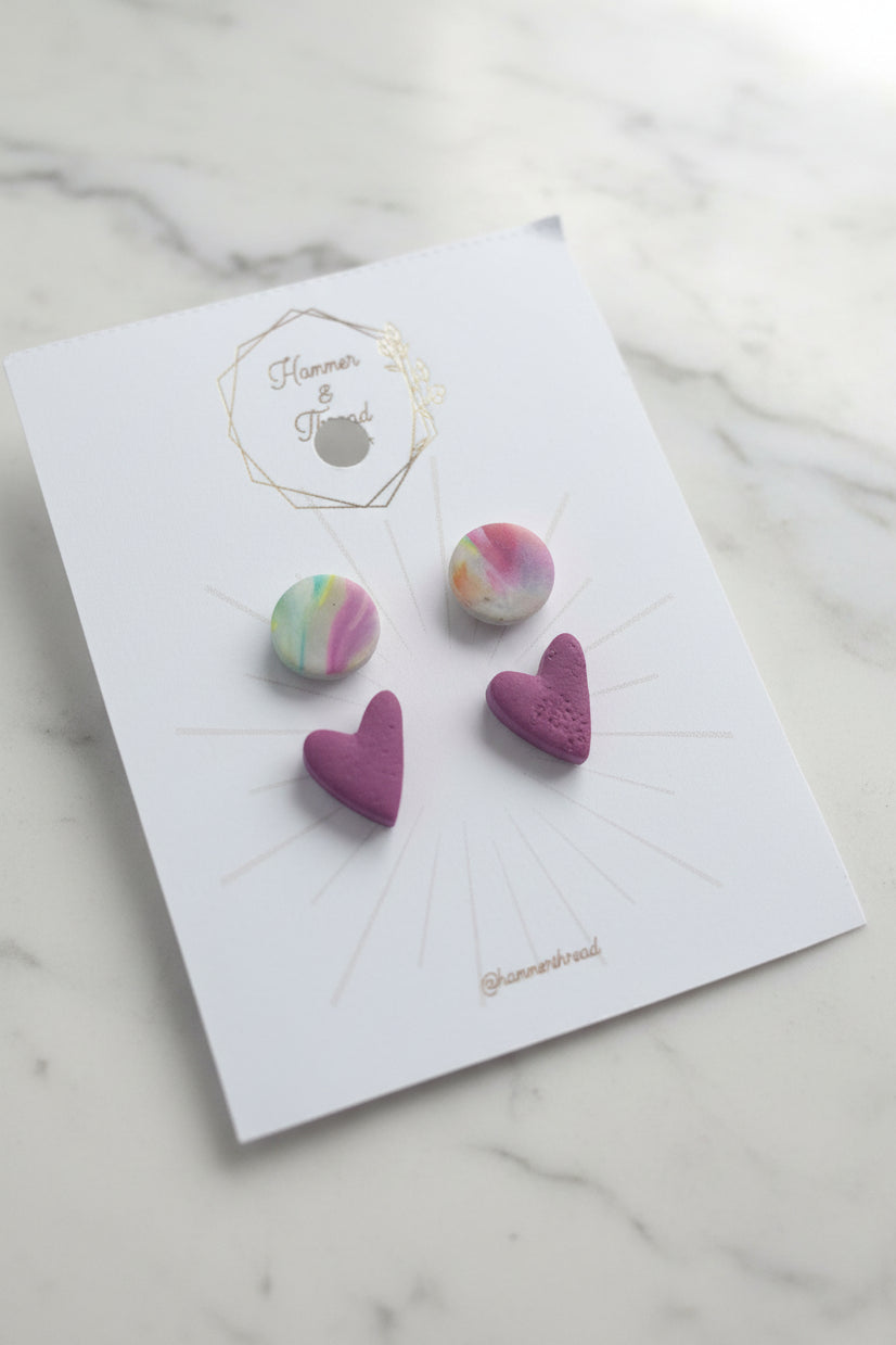 Matte Rainbow Circle & Magenta Heart Stud Earring Pack