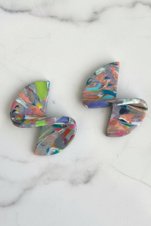Big ripple technicolor dangle earrings, handmade polymer clay — Hammer & Thread