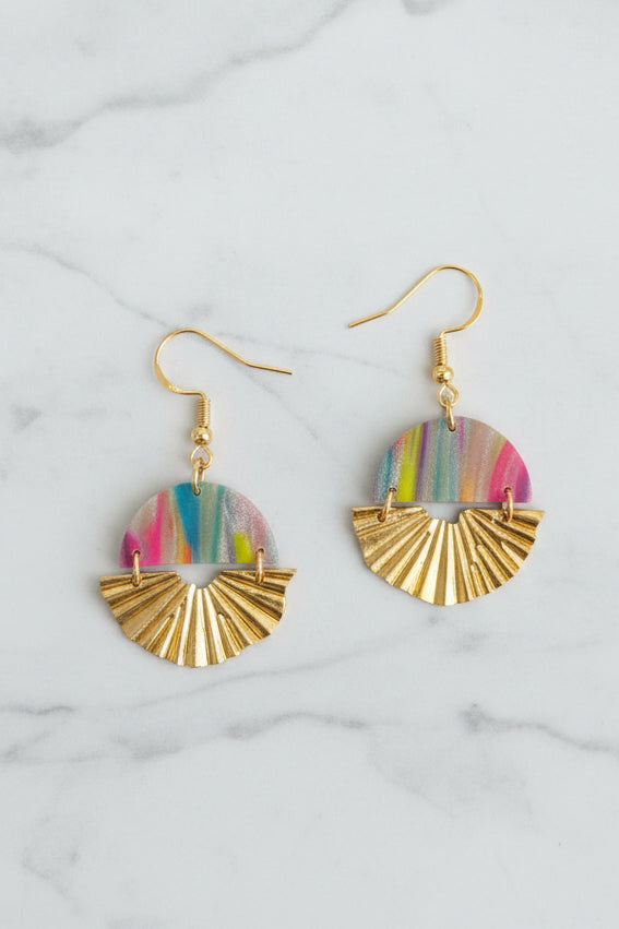 Small rainbow sunburst dangle earrings, handmade polymer clay — Hammer & Thread