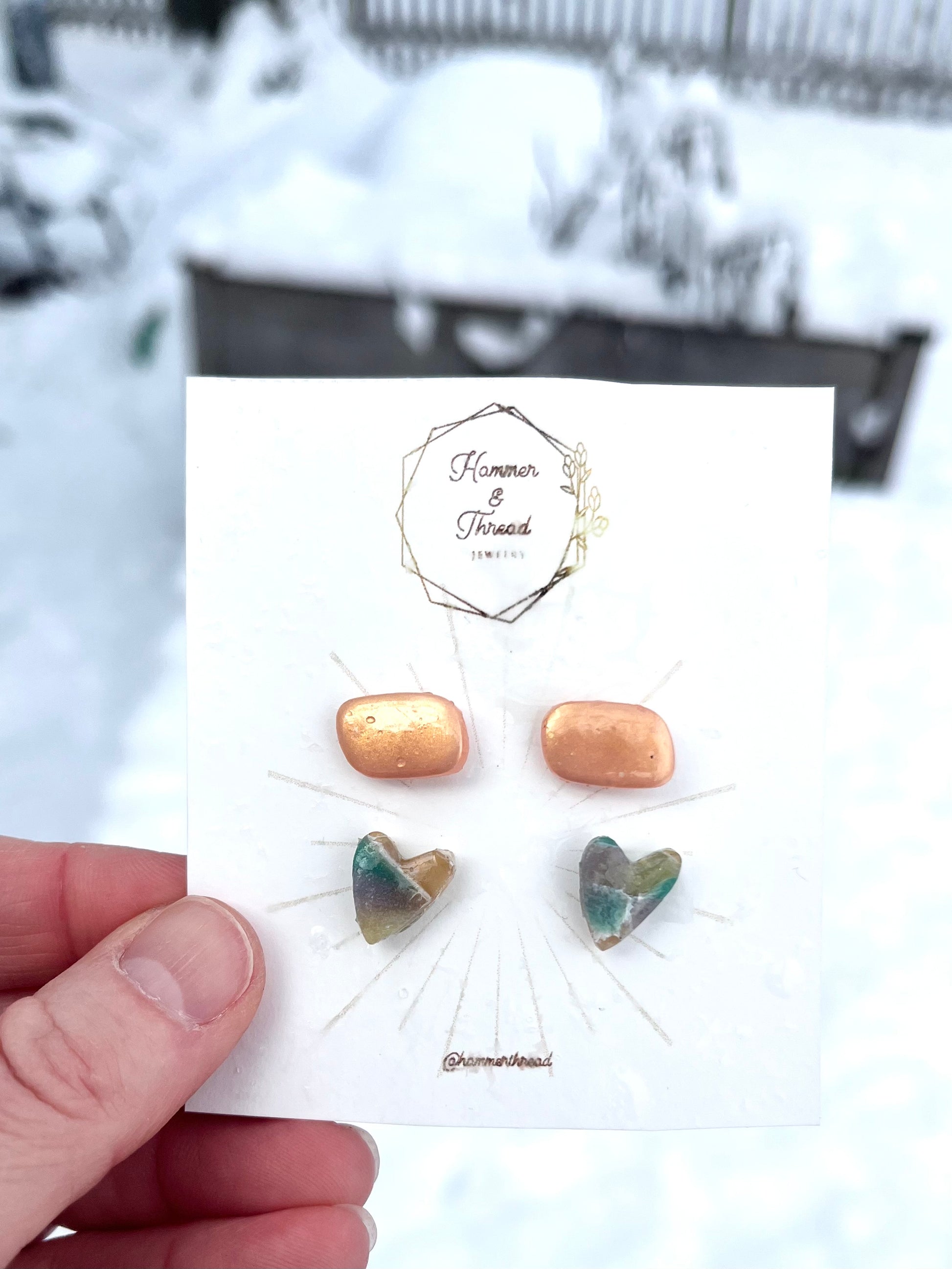 pebbles and hearts stud earrings, handmade polymer clay — Hammer & Thread