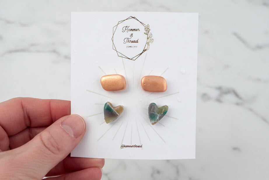pebbles and hearts stud earrings, handmade polymer clay — Hammer & Thread