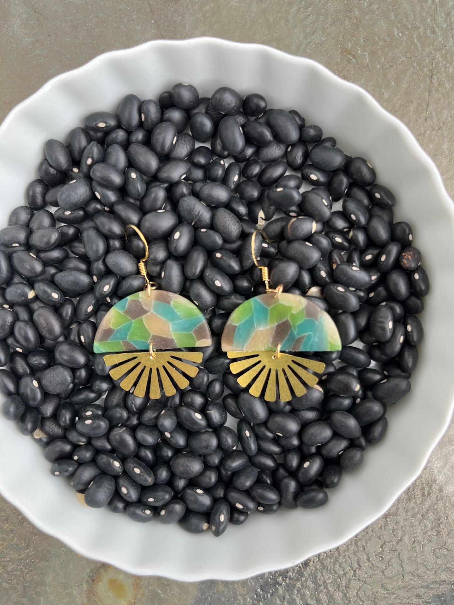 Aqua Mosaic Semi Circle Sunburst Dangle Earrings