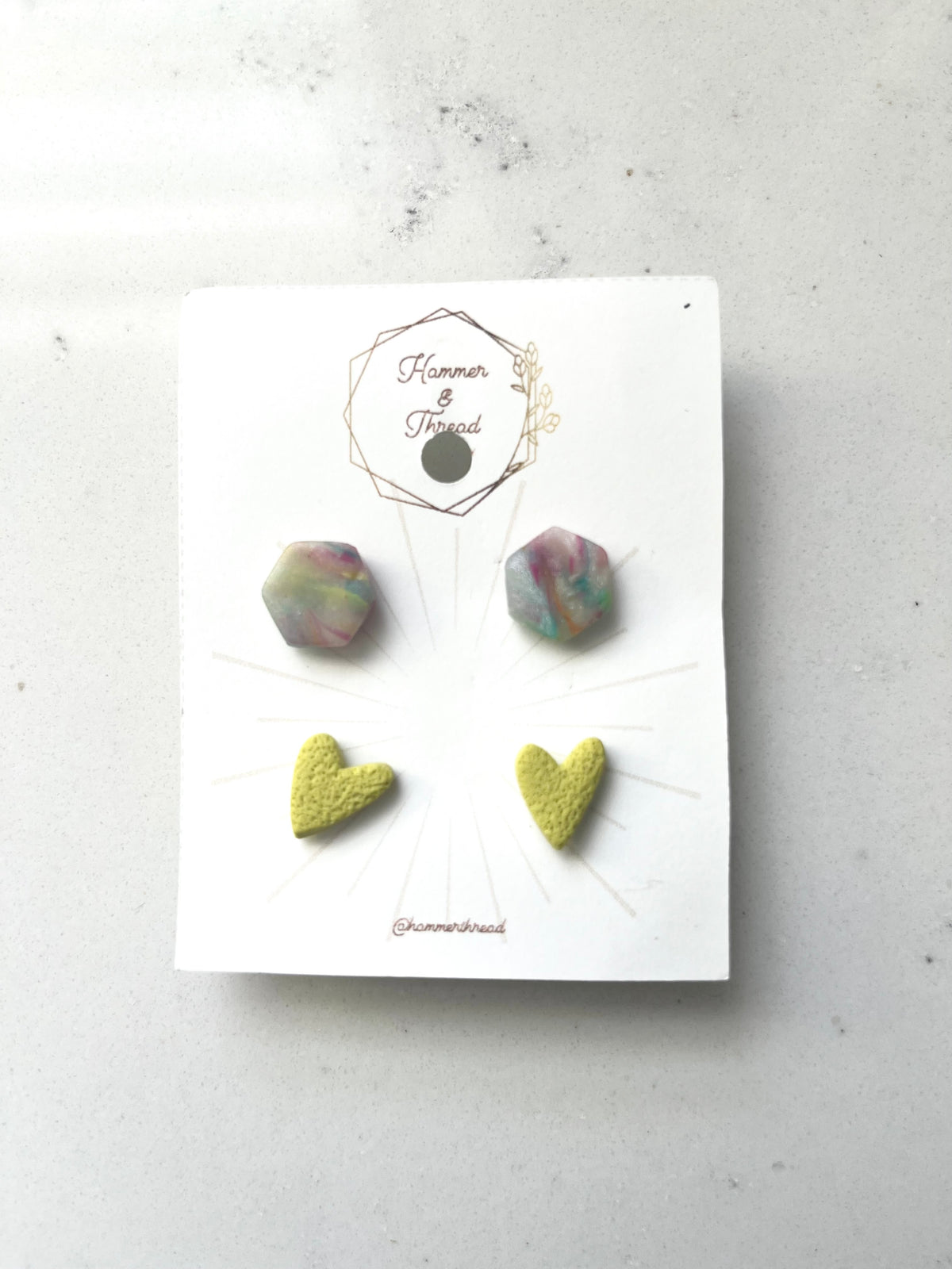 Rainbow Hexagon & Chartreuse Heart Stud Earring Pack