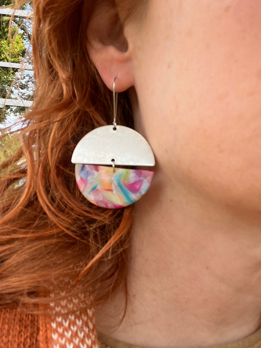 Rainbow semi circle sterling silver dangle earrings, handmade polymer clay — Hammer & Thread