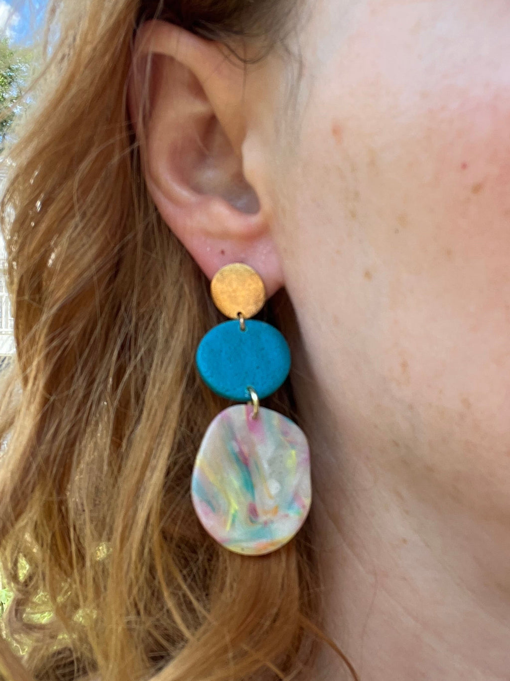 Tiered Teal and Matte Rainbow Pebbles Dangle Earrings