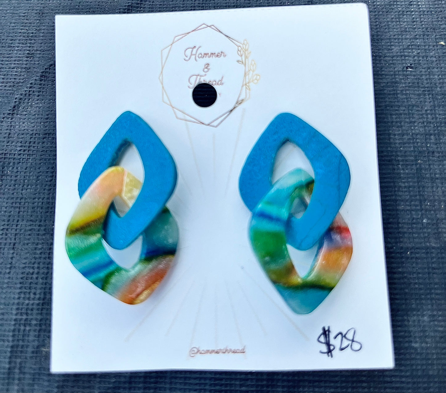Watercolor & Teal Link Stud Dangle Earrings