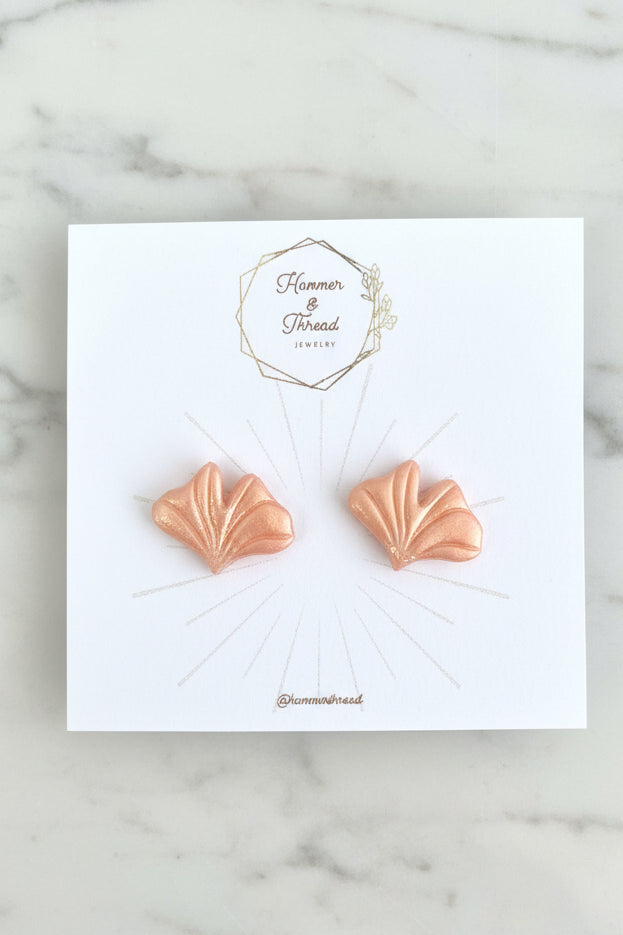 rosy golden ginko leaf stud earrings, handmade polymer clay — Hammer & Thread