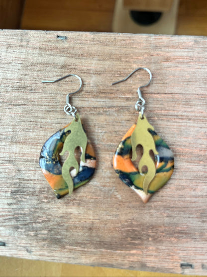 Orange marble brass flame dangle earrings, handmade polymer clay — Hammer & Thread