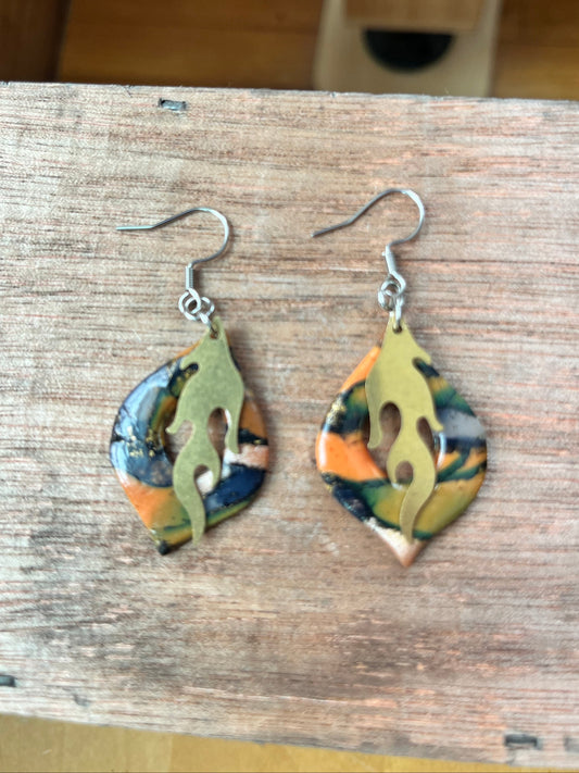 Orange marble brass flame dangle earrings, handmade polymer clay — Hammer & Thread