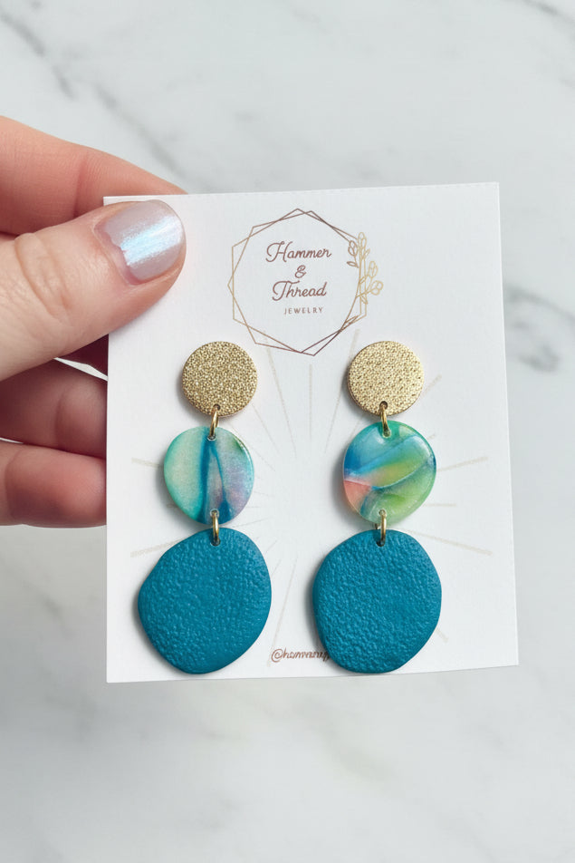 Teal, Gold & Watercolor Pebble Tiered Dangle Earrings