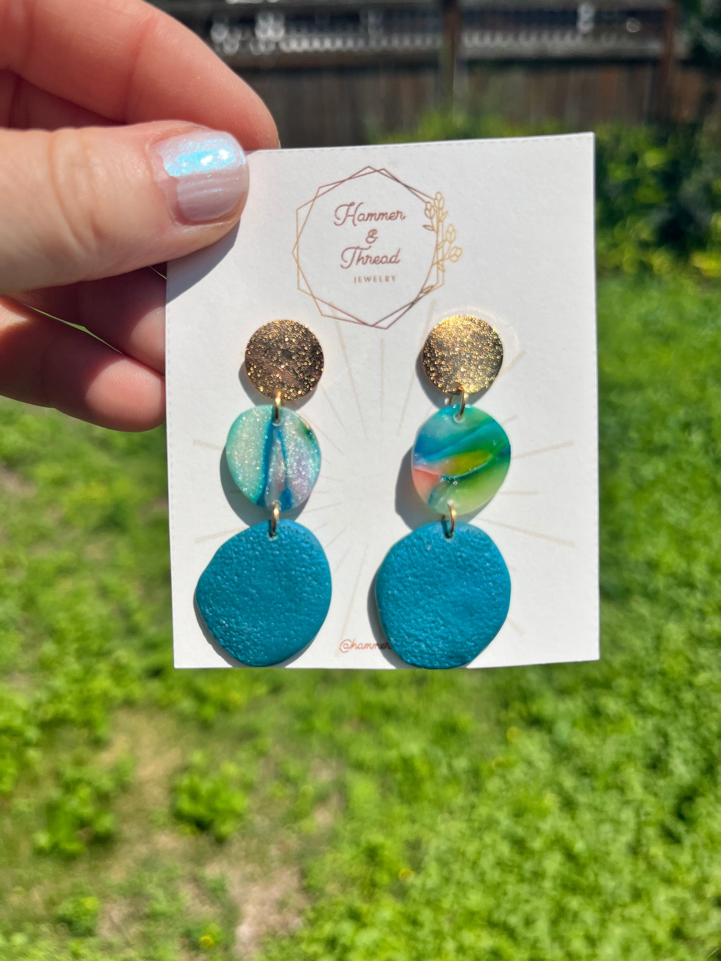 Teal, Gold & Watercolor Pebble Tiered Dangle Earrings