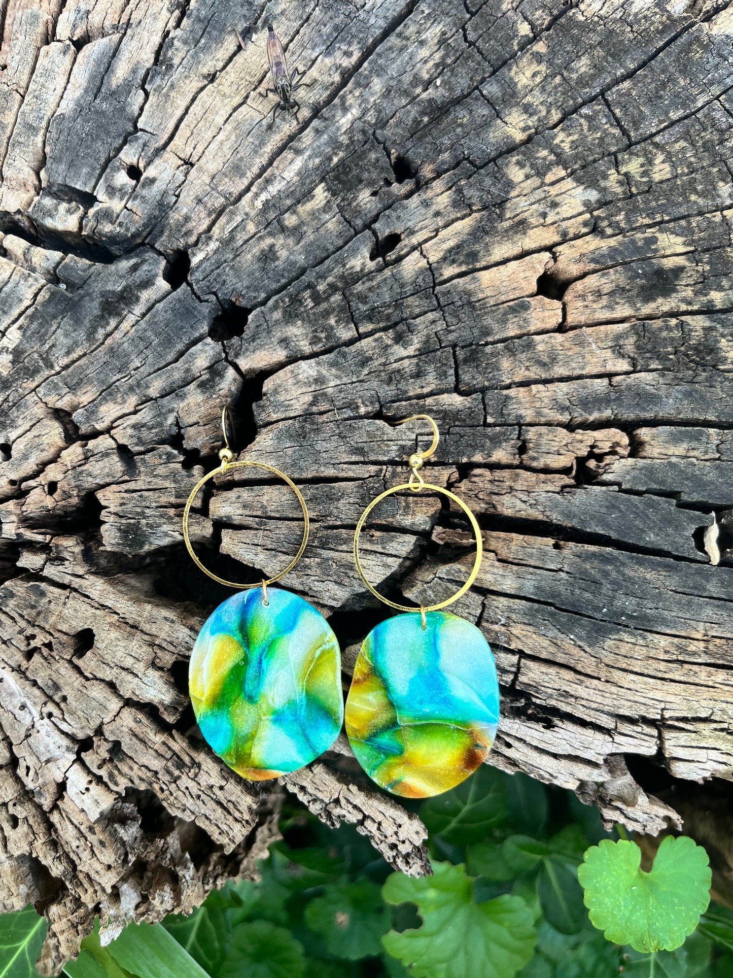 Watercolor Pebble and Brass Circle Dangle Earrings