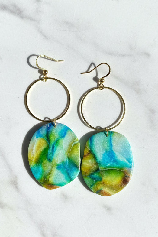 Watercolor Pebble and Brass Circle Dangle Earrings