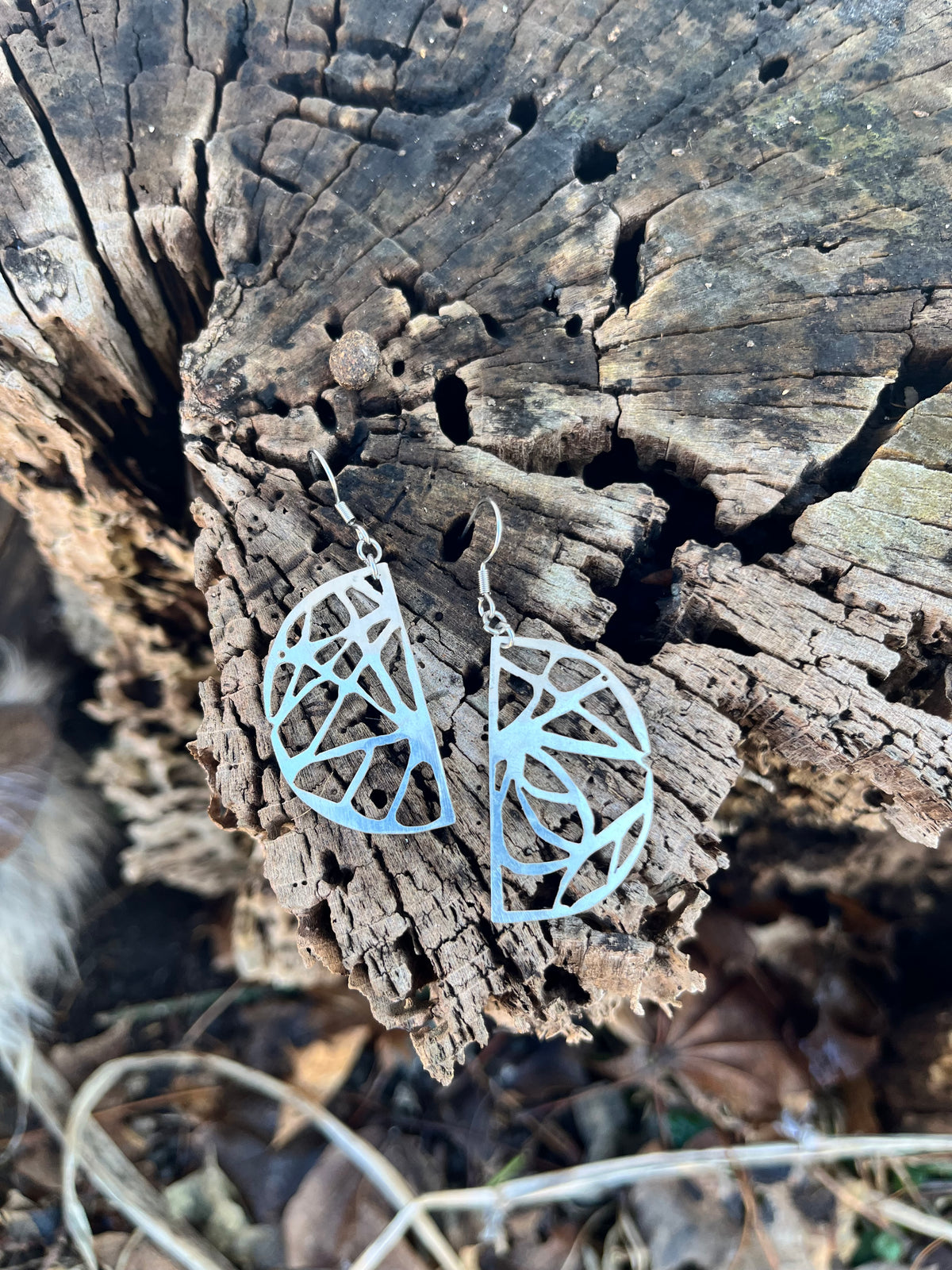 Hand-sawed abstract pattern sterling silver earrings — Hammer & Thread