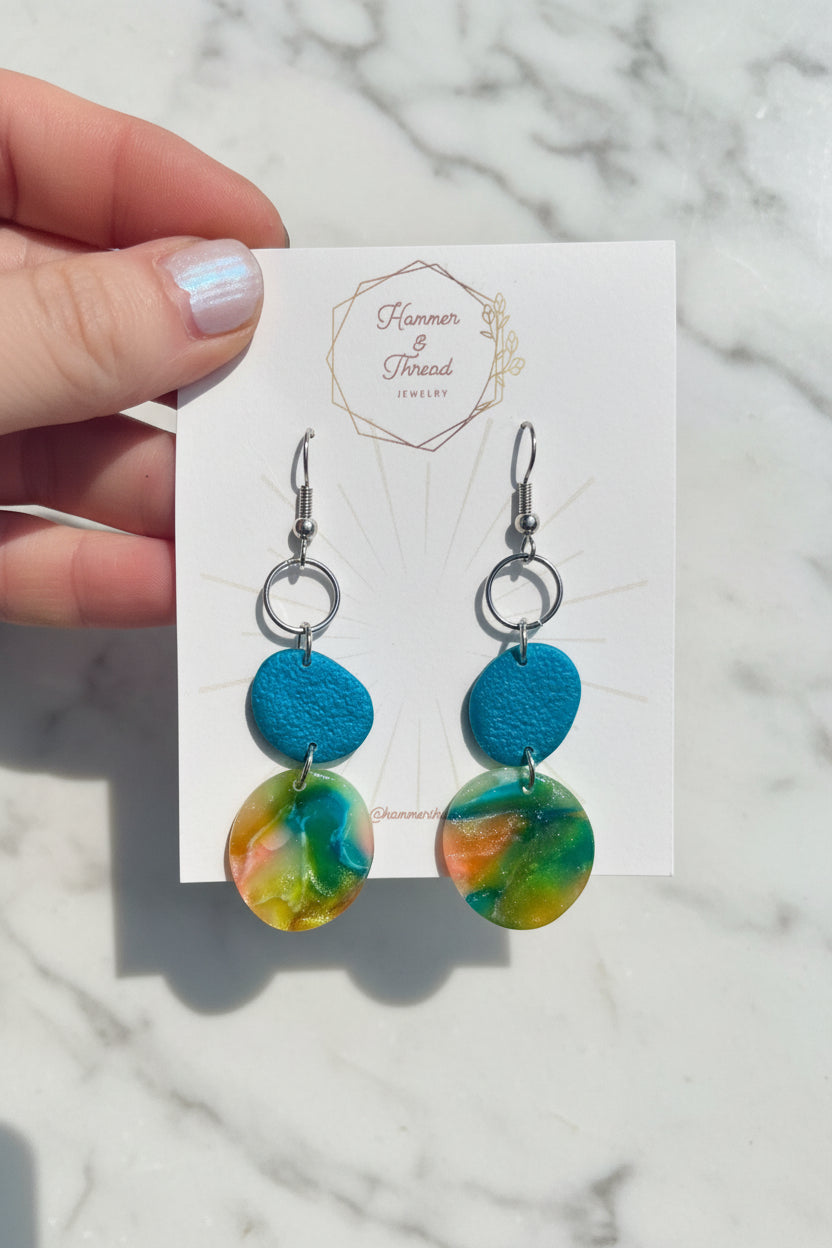 Teal & Watercolor Tiered Circle Dangle Earrings