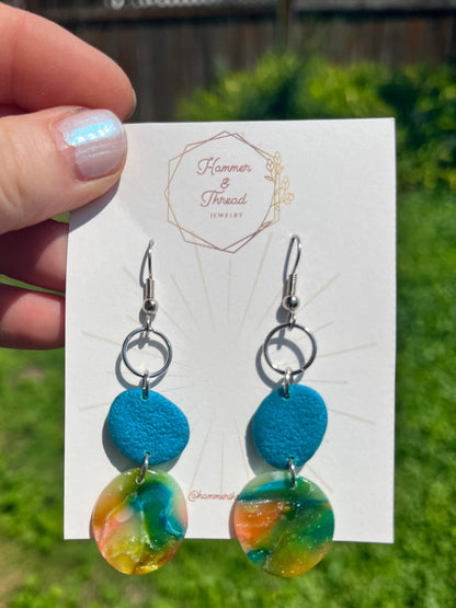 Teal & Watercolor Tiered Circle Dangle Earrings